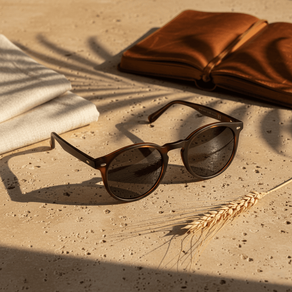 Tortoiseshell sunglasses still life composition on stone surface with wheat prop