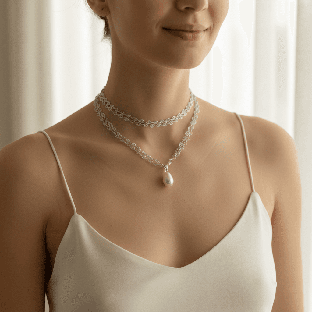 Female model wearing silver pearl necklace near window with soft lighting