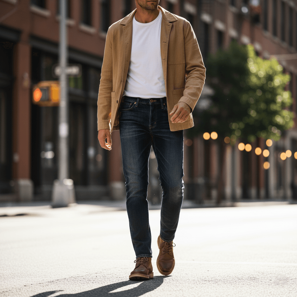 Male model walking in city wearing dark wash blue jeans and tan jacket