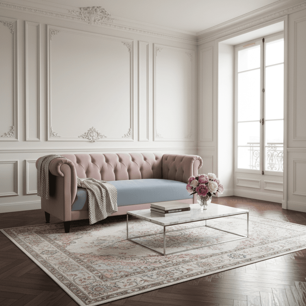 Pink Chesterfield sofa virtually staged in an elegant living room with marble table