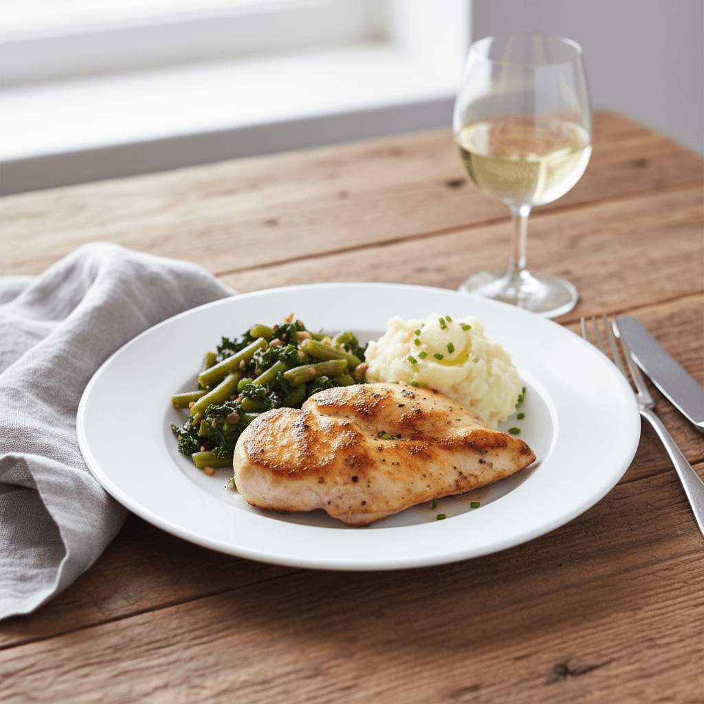 Chicken dinner plated on wooden table with wine glass and linen napkin