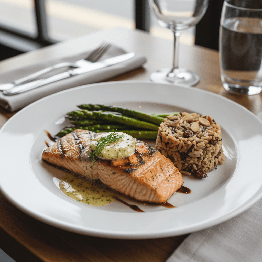 Grilled salmon dish on white plate in a naturally lit restaurant setting