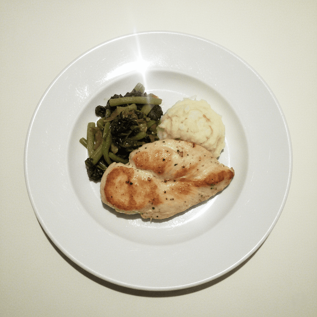 Plated chicken dinner with mashed potatoes, overhead view on plain surface