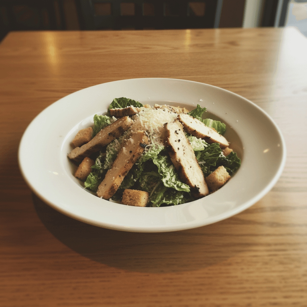Chicken Caesar salad bowl on wooden table in dim restaurant lighting