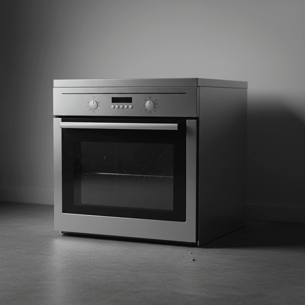 Stainless steel electric oven in a dark grey industrial studio environment