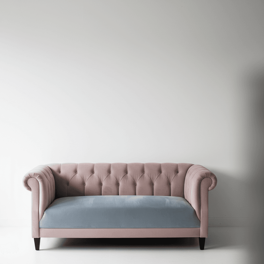 Pink and blue velvet Chesterfield sofa photographed against a plain white wall
