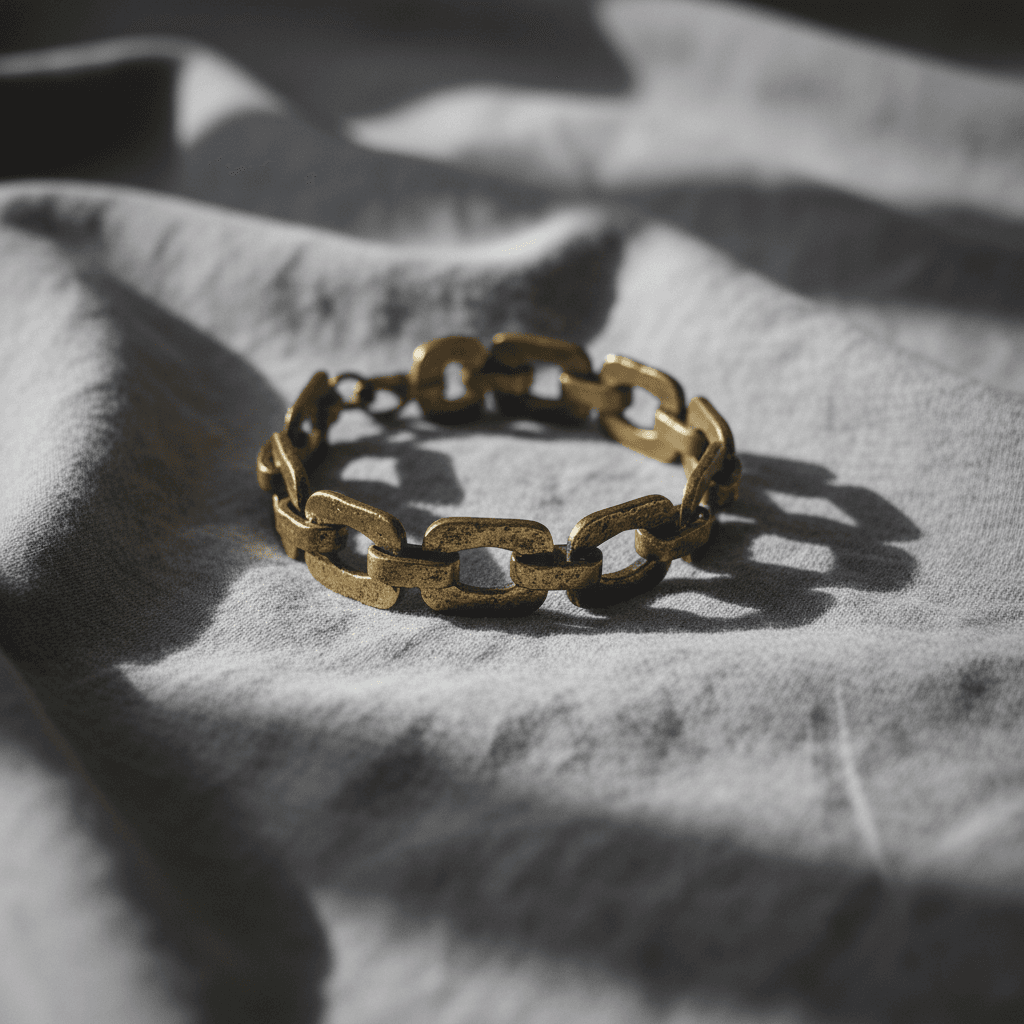 Chunky gold chain bracelet photographed on grey fabric with hard sunlight shadows