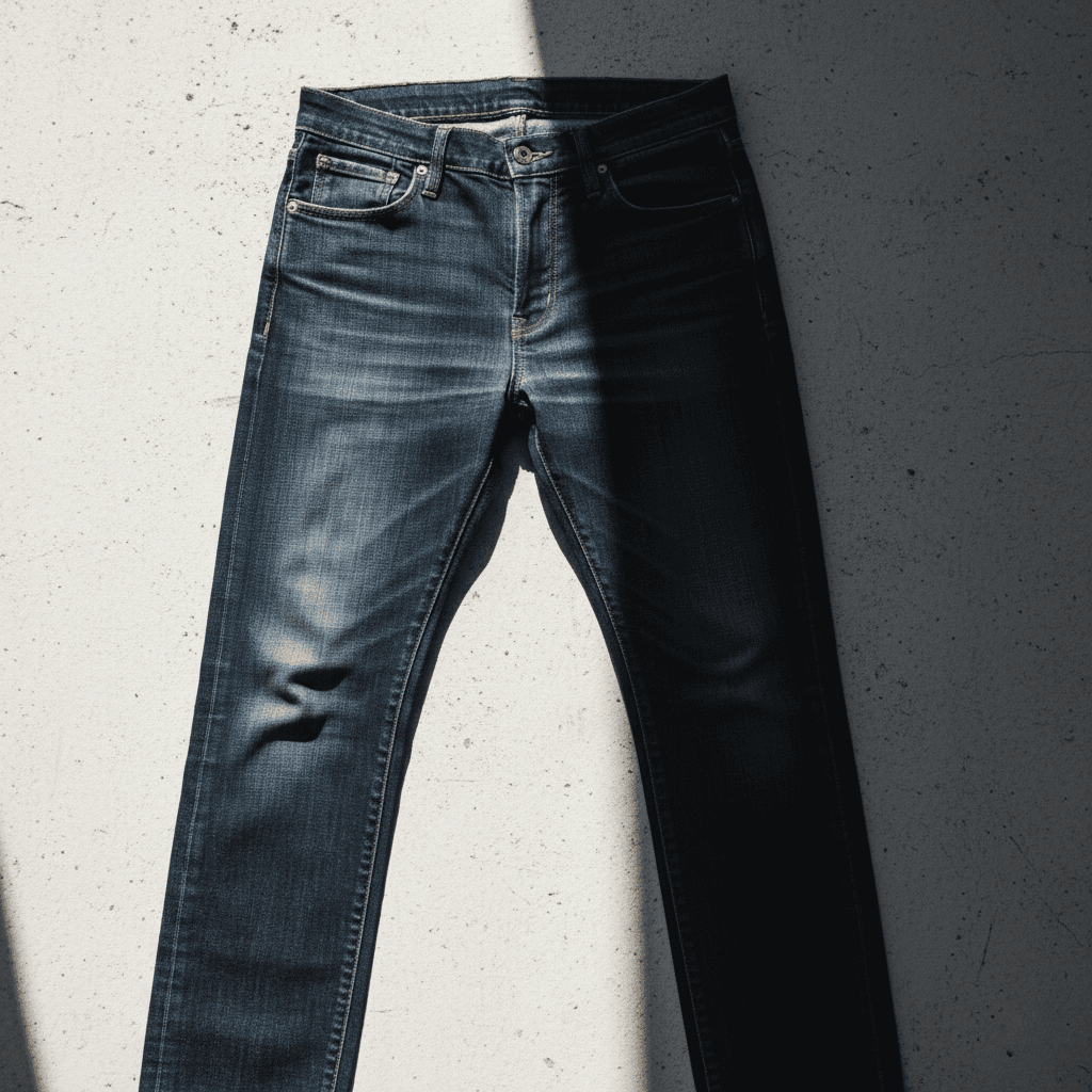 Dark wash blue jeans laid flat on concrete surface with high contrast shadow