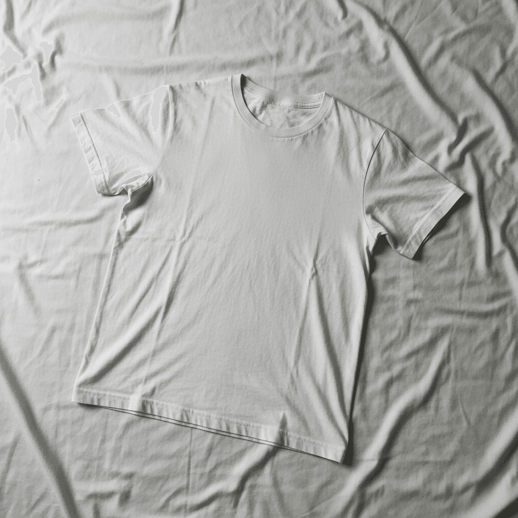 White t-shirt flat lay photography on wrinkled fabric background