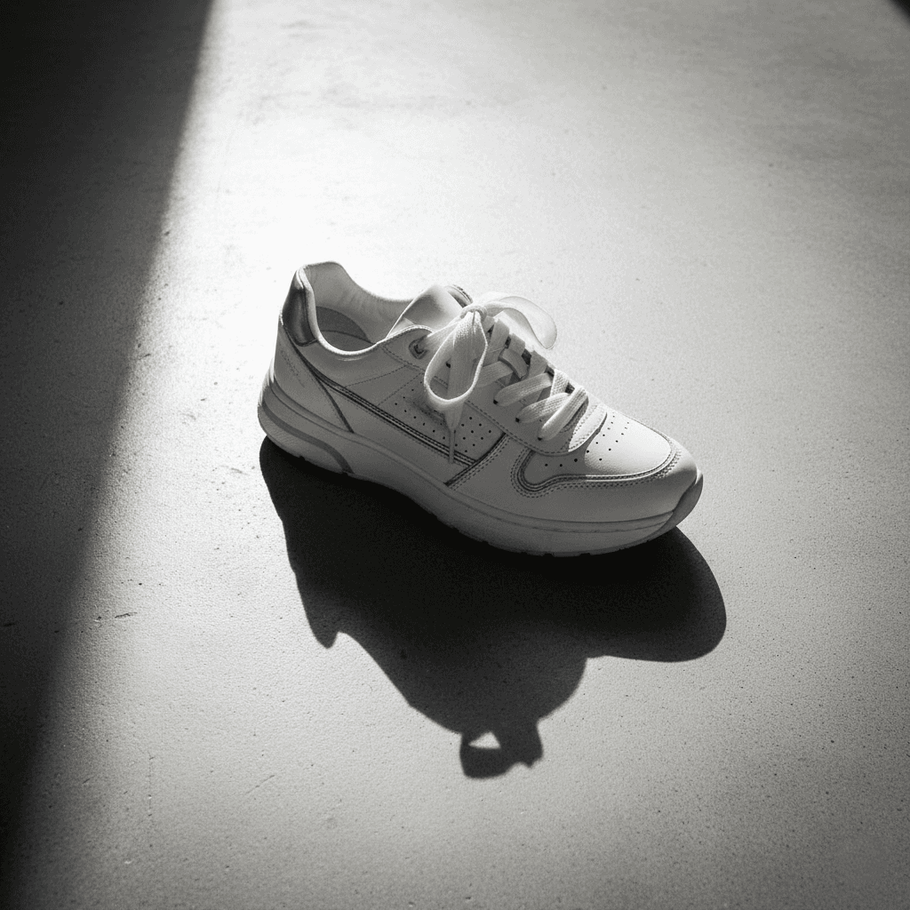 White sneaker photographed on grey concrete floor with natural sunlight