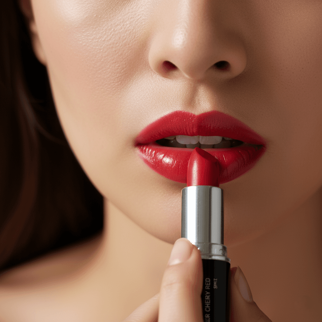 Close-up of woman applying red lipstick showing glossy lips and product in hand
