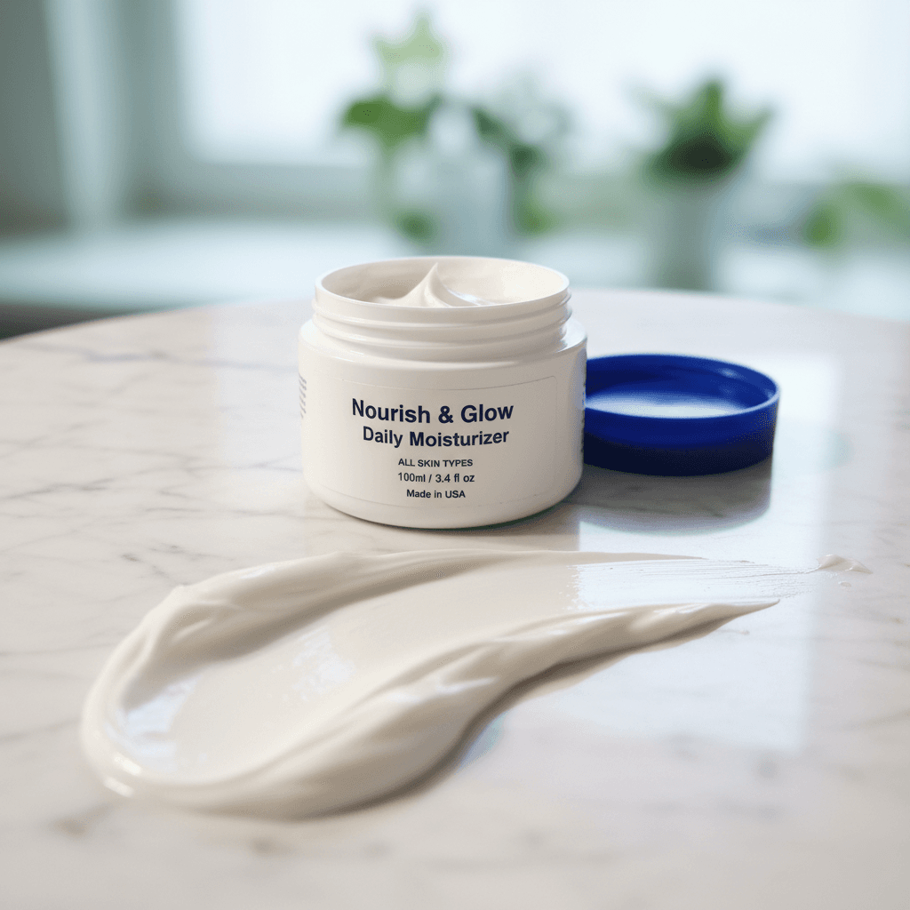 White moisturizer jar on marble surface with creamy texture swatch smear in front