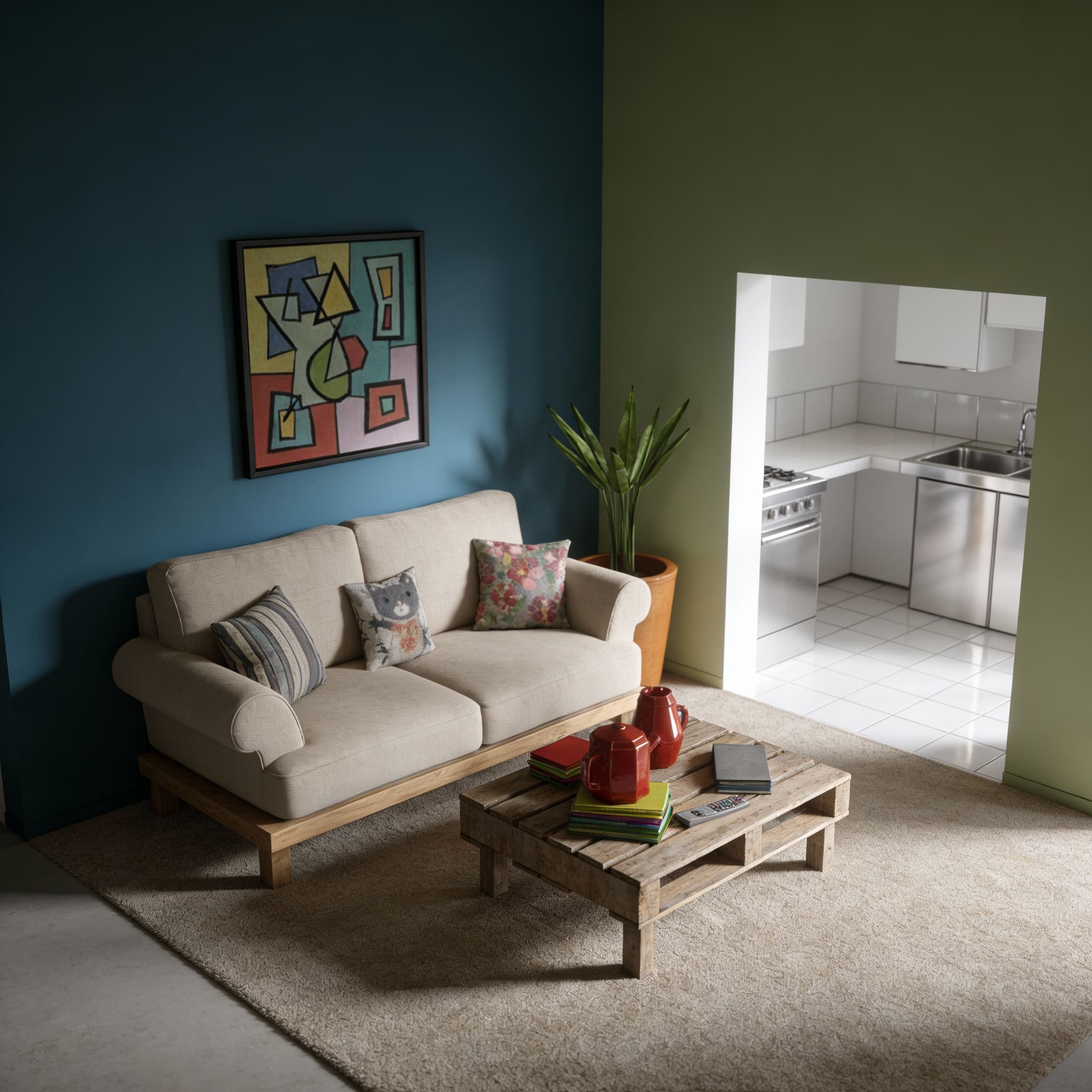 Photorealistic render of modern living room with realistic materials, natural lighting, and detailed textures