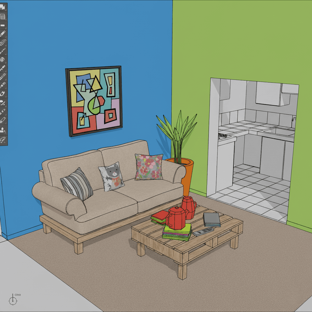 SketchUp style 3D model of living room with colorful walls, sofa, and open kitchen