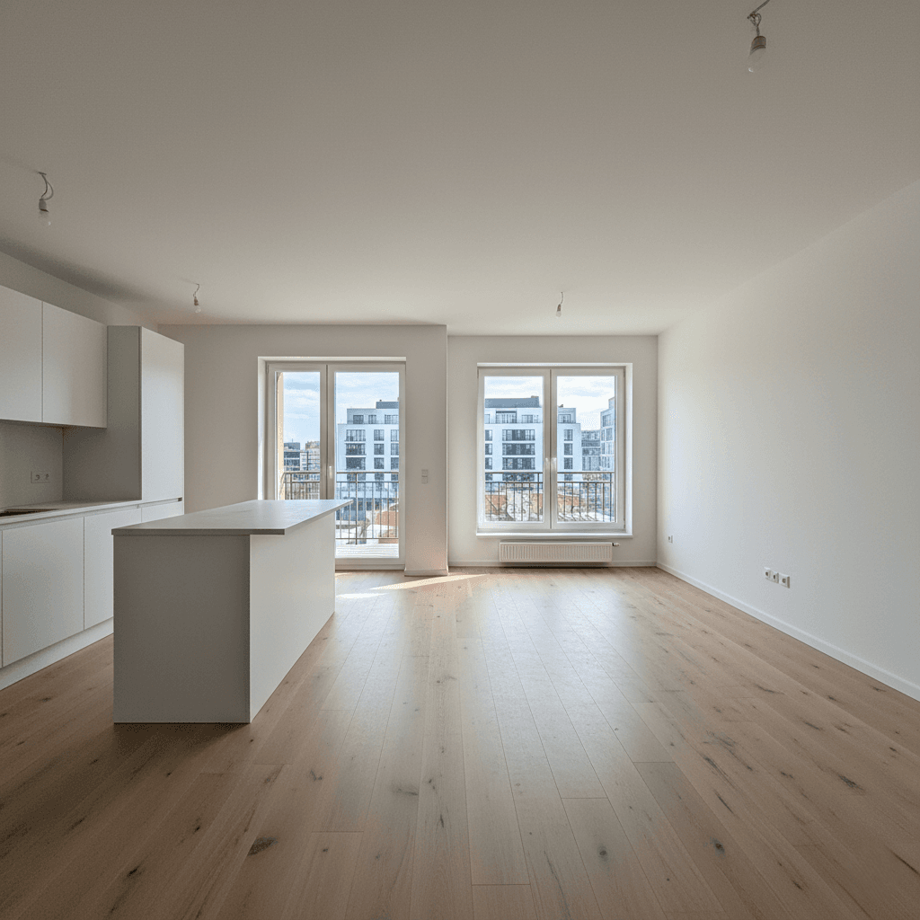 Empty modern apartment with open kitchen, hardwood floors, and large windows overlooking city