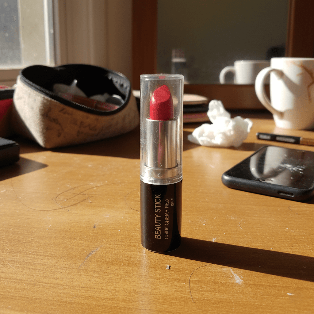 Red lipstick tube standing on cluttered desk with makeup bag and everyday items