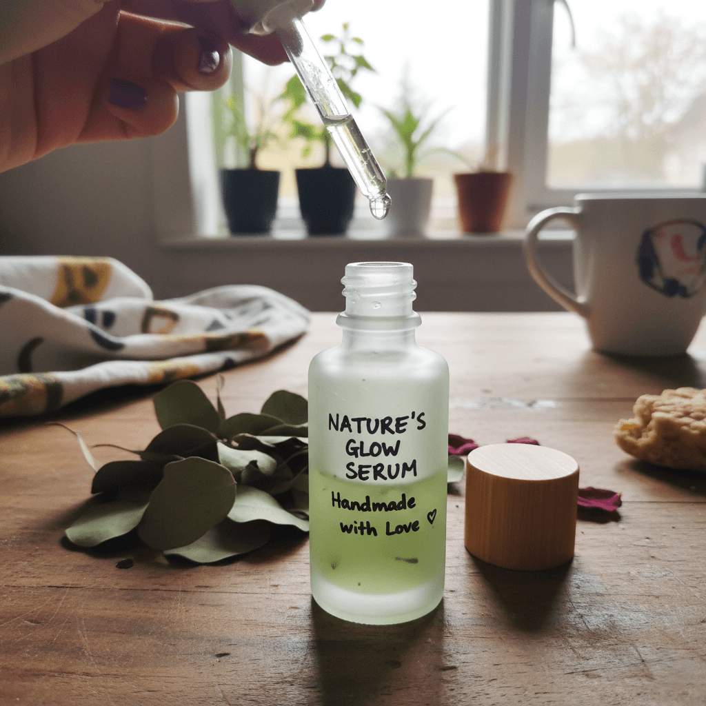 Frosted glass serum bottle with dropper on kitchen table with eucalyptus leaves