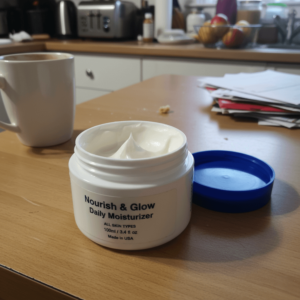 White moisturizer jar with open lid on kitchen counter with everyday clutter
