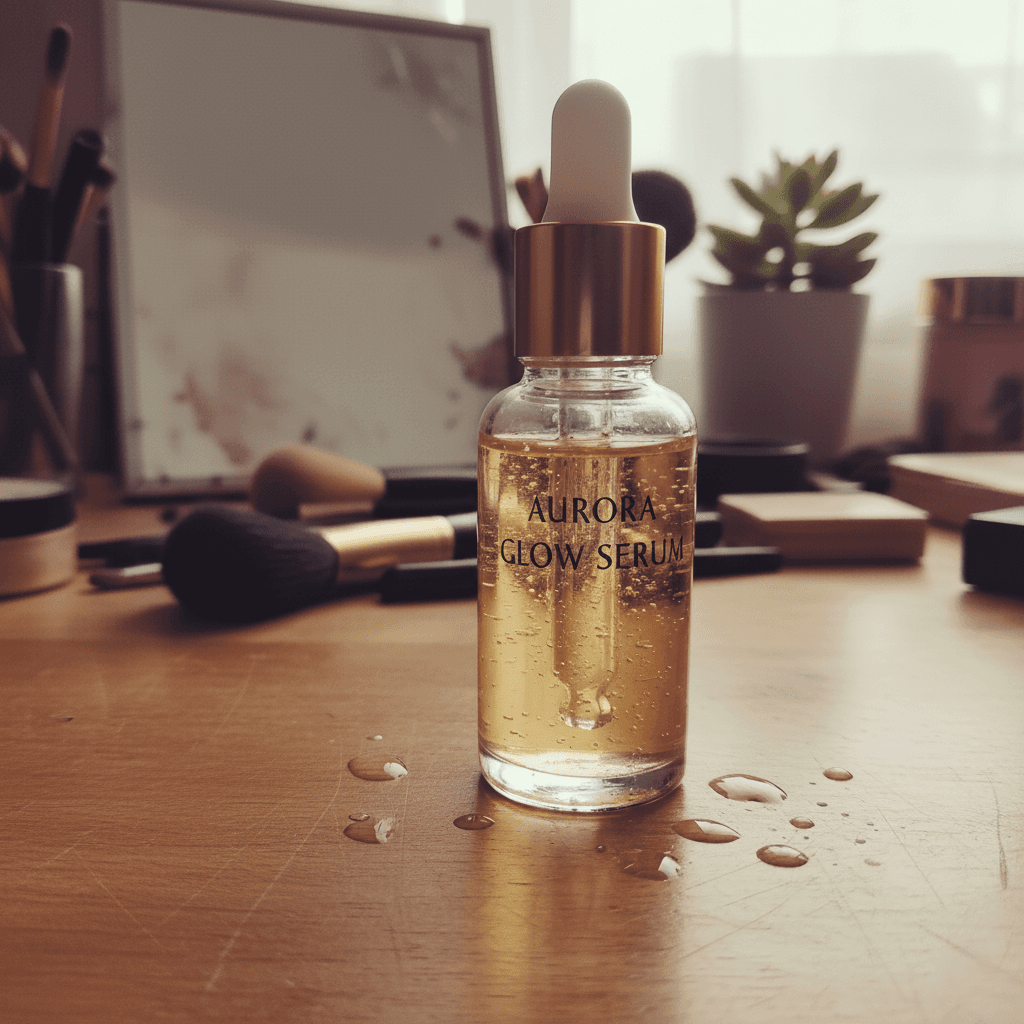 Gold serum dropper bottle on cluttered vanity desk with makeup brushes and skincare items