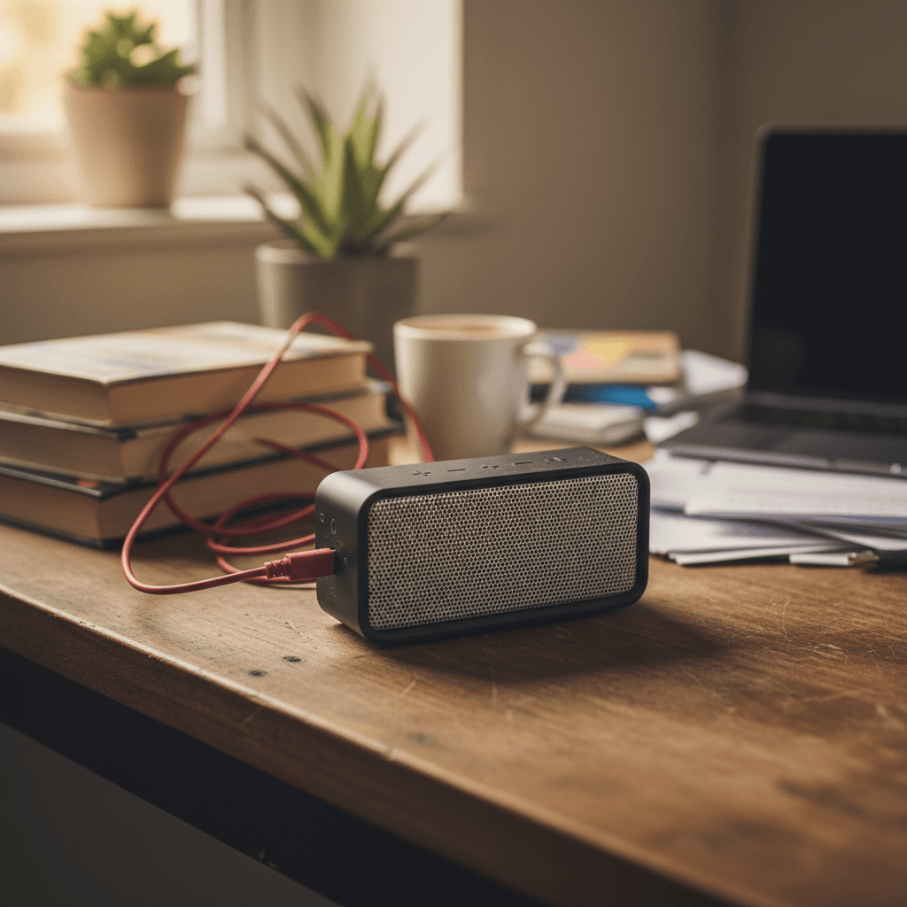 Portable Bluetooth speaker on cluttered desk with cables and everyday items