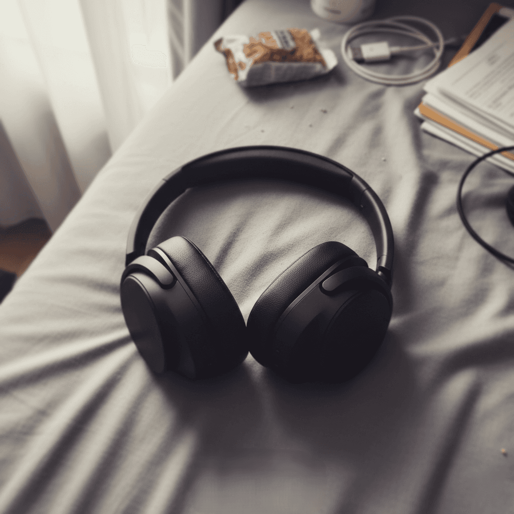 Black wireless headphones resting on messy bed sheets with everyday items in background