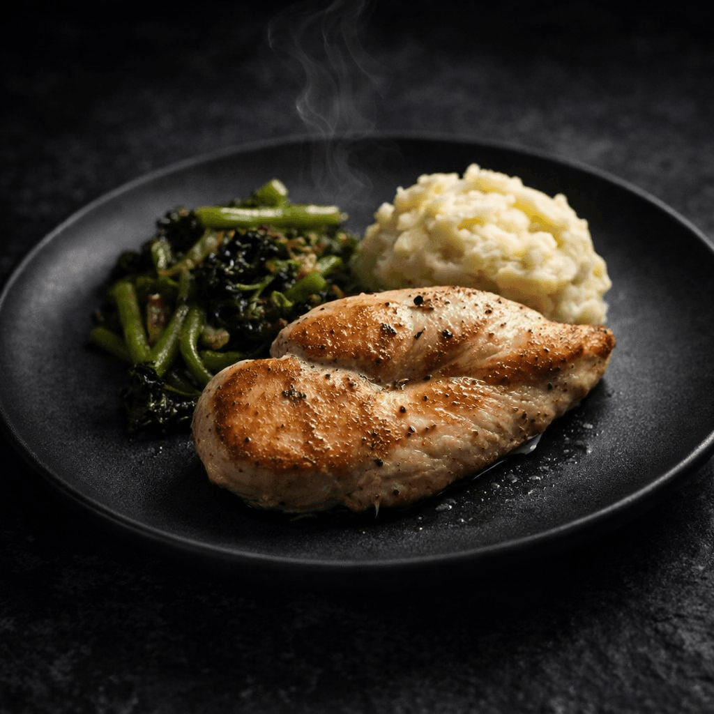Grilled chicken with vegetables on black plate featuring dramatic steam and dark moody lighting
