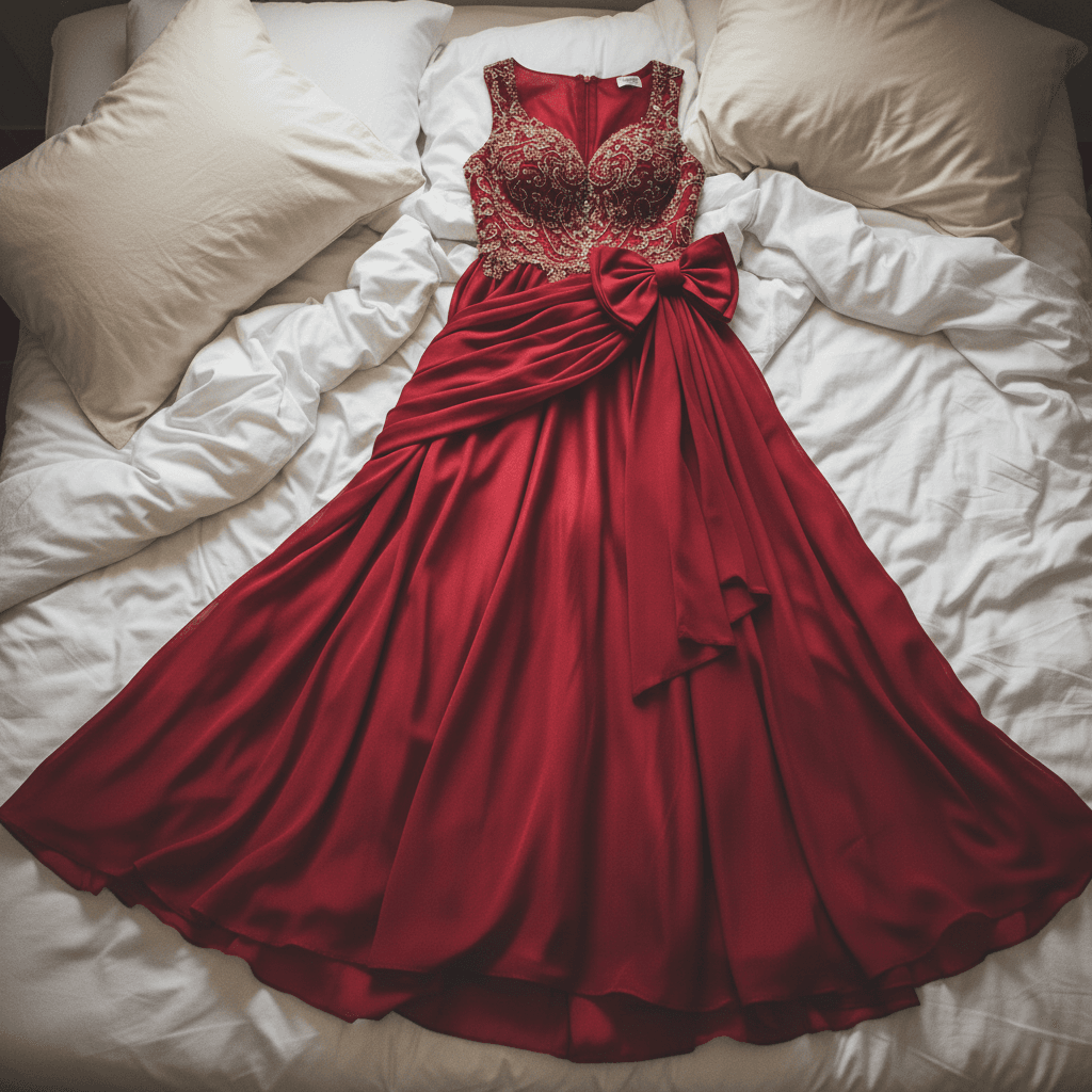 Burgundy evening gown with embroidered bodice and bow detail laid flat on white bedding