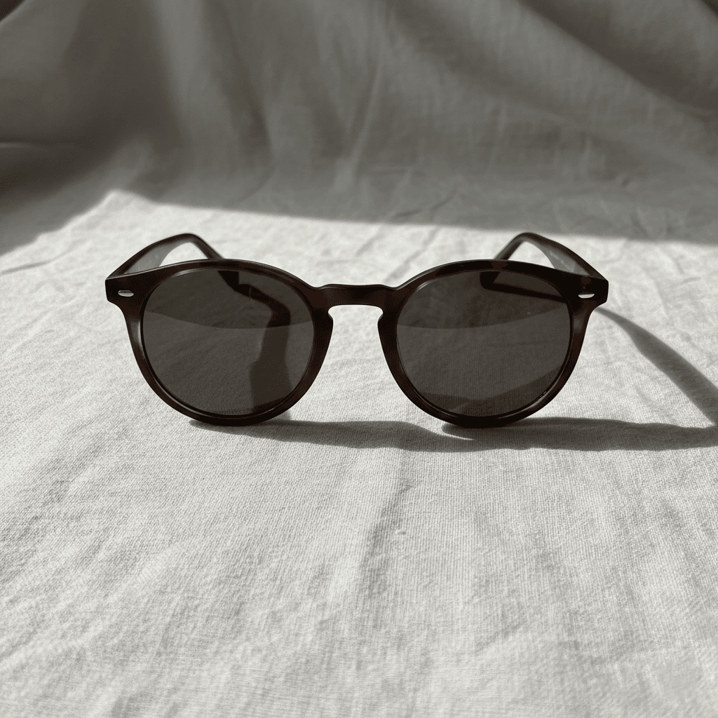 Tortoiseshell round sunglasses on plain linen fabric background